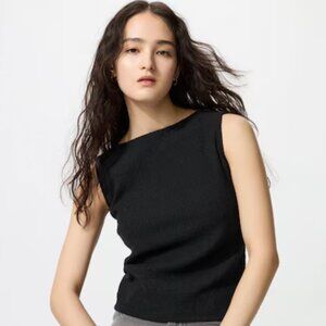NWT Uniqlo Shirring Boat Neck Sleeveless T-Shirt Black XL